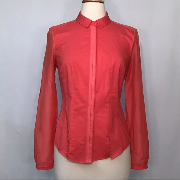 Elie Tahari Tops - 💕SOLD💕Elie Tahari Coral Pink Sheer Button Up Career Top